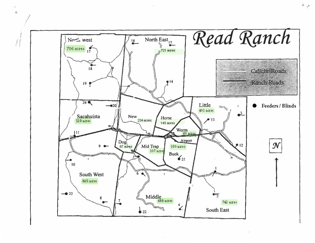 Read Hunting Lease map showing pastures, roads and feeder locations